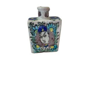 Hand-Painted Ceramic Square Perfume Bottle With Floral & Face Design